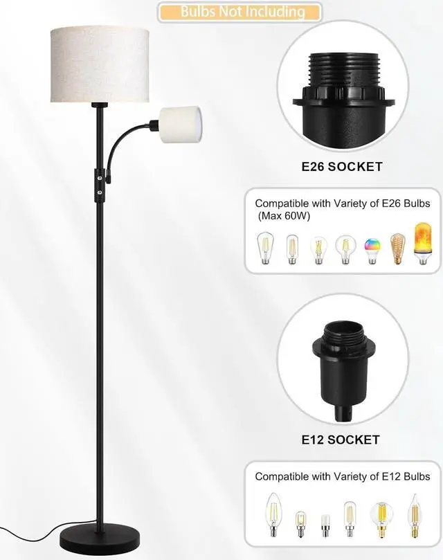Alt view image 7 of 7 - Floor Lamps for Living Room, Modern Floor Lamp with Reading Lamp, 62" Tall Standing Lamp, Beige Lampshades, Simple Pole Lamps for Bedroom/Office/Kids Room/Den(Bulbs Not Including, E26/E12 Base)