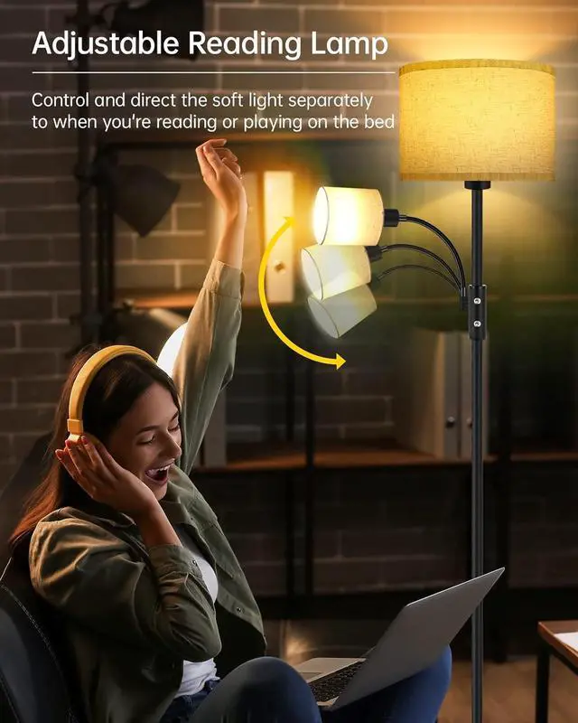 Alt view image 6 of 7 - Floor Lamps for Living Room, Modern Floor Lamp with Reading Lamp, 62" Tall Standing Lamp, Beige Lampshades, Simple Pole Lamps for Bedroom/Office/Kids Room/Den(Bulbs Not Including, E26/E12 Base)