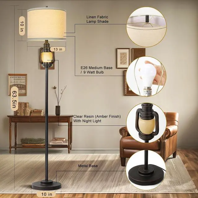 Alt view image 2 of 7 - Floor Lamp for Living Room Vintage Standing Lamp with Linen Fabric Hardback Shade Industrial Tall Lamp With Night Light Decor for Living Room, Bedroom,Study, Home Office (Bulb Included)