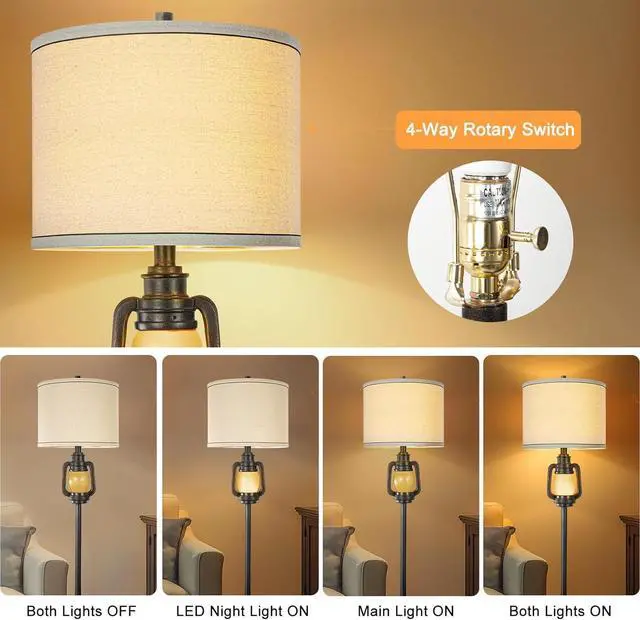 Alt view image 3 of 7 - Floor Lamp for Living Room Vintage Standing Lamp with Linen Fabric Hardback Shade Industrial Tall Lamp With Night Light Decor for Living Room, Bedroom,Study, Home Office (Bulb Included)