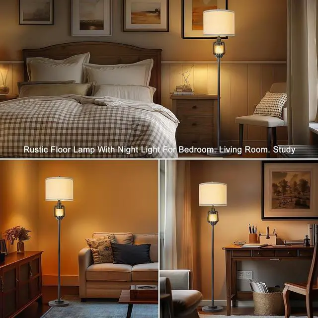 Alt view image 7 of 7 - Floor Lamp for Living Room Vintage Standing Lamp with Linen Fabric Hardback Shade Industrial Tall Lamp With Night Light Decor for Living Room, Bedroom,Study, Home Office (Bulb Included)