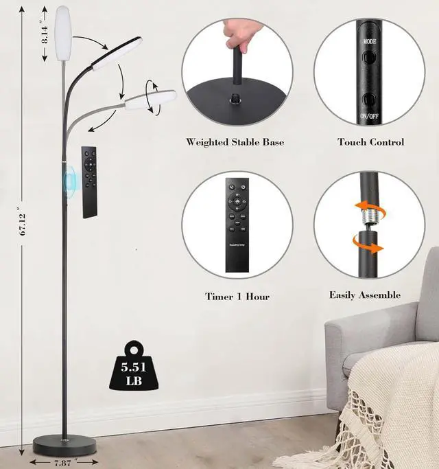 Alt view image 2 of 6 - LED Floor Lamp, Super Bright Dimmable Floor Lamps for Living Room with 1H Timer,Stepless Adjustable 3000K-6500K Colors & Brightness Standing Lamp with Remote & Push Button Reading Floor Lamps