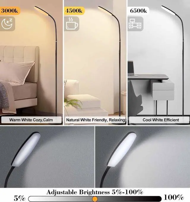 Alt view image 4 of 6 - LED Floor Lamp, Super Bright Dimmable Floor Lamps for Living Room with 1H Timer,Stepless Adjustable 3000K-6500K Colors & Brightness Standing Lamp with Remote & Push Button Reading Floor Lamps