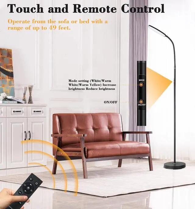 Alt view image 5 of 6 - LED Floor Lamp, Super Bright Dimmable Floor Lamps for Living Room with 1H Timer,Stepless Adjustable 3000K-6500K Colors & Brightness Standing Lamp with Remote & Push Button Reading Floor Lamps