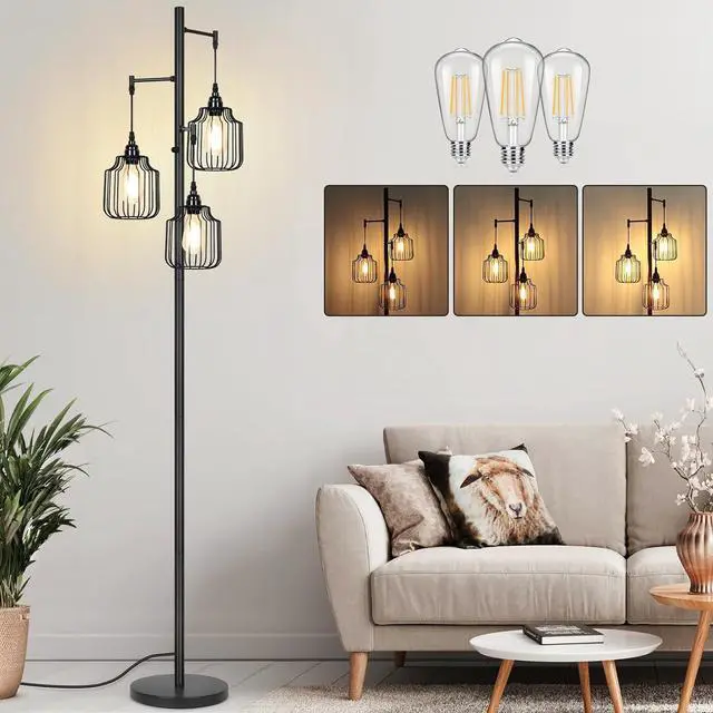 Main image of Dimmable Floor Lamp with 3 x 800LM LED Edison Bulbs,Tall Standing Lamp for Living Room,Farmhouse Black Corner Floor Lamp,Bright Industrial Rustic Vintage Tree Pole Light with Cage for Bedroom Office
