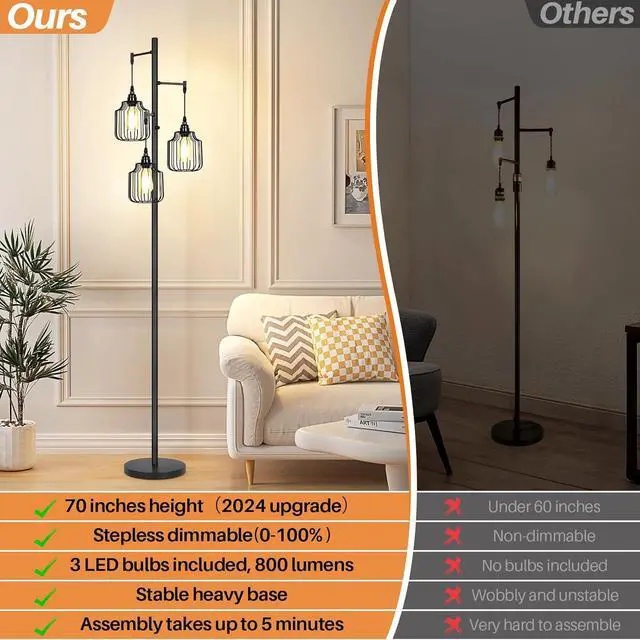 Alt view image 2 of 6 - Dimmable Floor Lamp with 3 x 800LM LED Edison Bulbs,Tall Standing Lamp for Living Room,Farmhouse Black Corner Floor Lamp,Bright Industrial Rustic Vintage Tree Pole Light with Cage for Bedroom Office