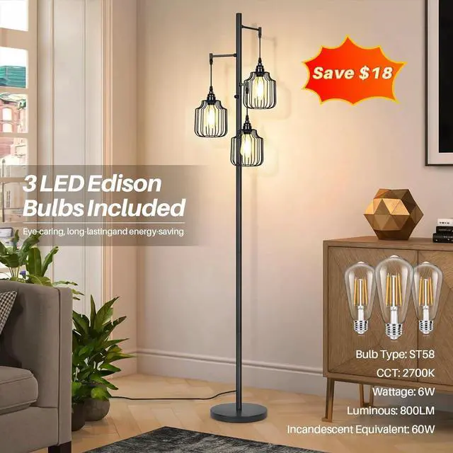 Alt view image 3 of 6 - Dimmable Floor Lamp with 3 x 800LM LED Edison Bulbs,Tall Standing Lamp for Living Room,Farmhouse Black Corner Floor Lamp,Bright Industrial Rustic Vintage Tree Pole Light with Cage for Bedroom Office