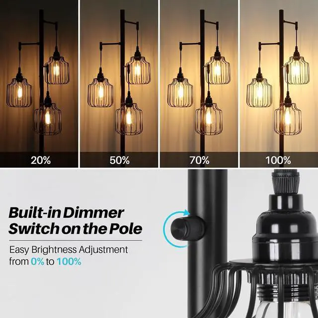 Alt view image 4 of 6 - Dimmable Floor Lamp with 3 x 800LM LED Edison Bulbs,Tall Standing Lamp for Living Room,Farmhouse Black Corner Floor Lamp,Bright Industrial Rustic Vintage Tree Pole Light with Cage for Bedroom Office