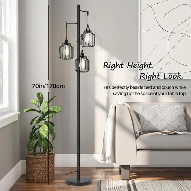 Alt view image 5 of 6 - Dimmable Floor Lamp with 3 x 800LM LED Edison Bulbs,Tall Standing Lamp for Living Room,Farmhouse Black Corner Floor Lamp,Bright Industrial Rustic Vintage Tree Pole Light with Cage for Bedroom Office