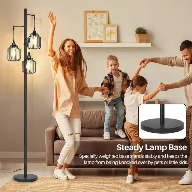 Alt view image 6 of 6 - Dimmable Floor Lamp with 3 x 800LM LED Edison Bulbs,Tall Standing Lamp for Living Room,Farmhouse Black Corner Floor Lamp,Bright Industrial Rustic Vintage Tree Pole Light with Cage for Bedroom Office