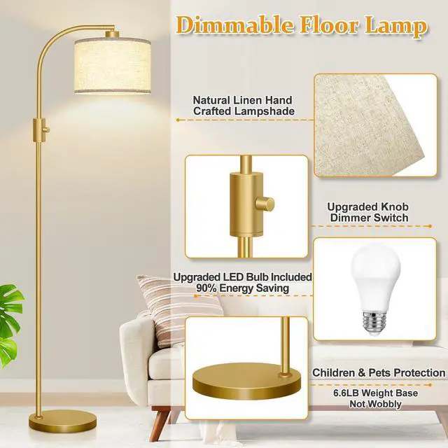 Alt view image 4 of 7 - Upgraded Dimmable Gold Floor Lamp, 1200 Lumens LED Bulb Included, Arc Floor Lamps for Living Room Modern Standing Lamp with Linen Shade, Tall Lamp for Living Room Bedroom Office Reading Room Nursery