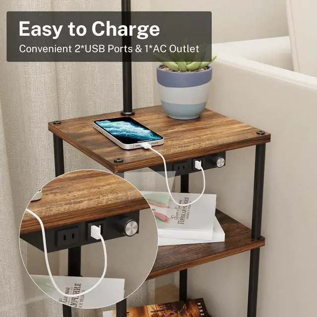 Alt view image 2 of 7 - Floor Lamp with Table,Foor Lamp with Shelves,Side Table with USB Charging Port and Outlet,Modern Bedside Nightstand End Table with Lamp for Living Room,Bedroom,Guest Room,Bulb Included
