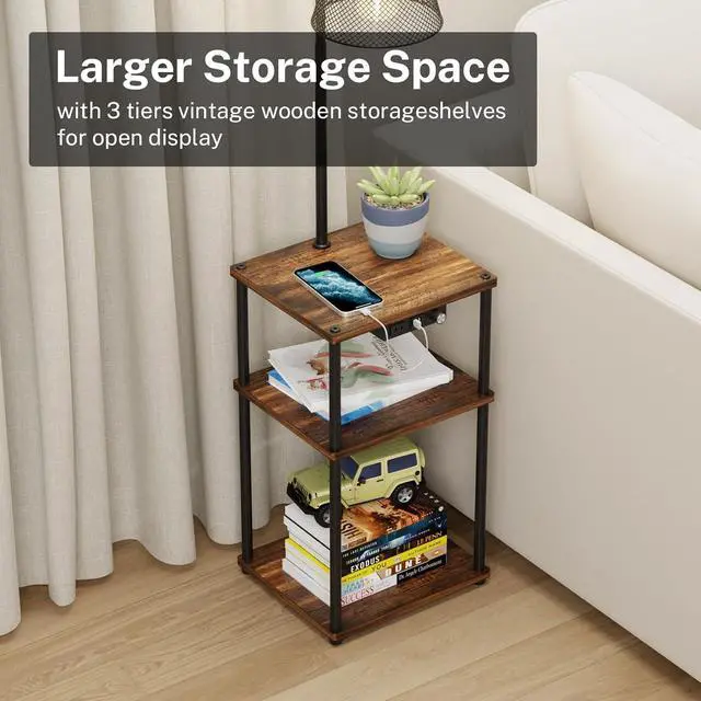 Alt view image 3 of 7 - Floor Lamp with Table,Foor Lamp with Shelves,Side Table with USB Charging Port and Outlet,Modern Bedside Nightstand End Table with Lamp for Living Room,Bedroom,Guest Room,Bulb Included