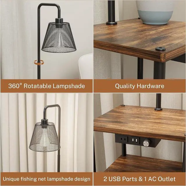 Alt view image 6 of 7 - Floor Lamp with Table,Foor Lamp with Shelves,Side Table with USB Charging Port and Outlet,Modern Bedside Nightstand End Table with Lamp for Living Room,Bedroom,Guest Room,Bulb Included