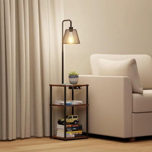 Alt view image 7 of 7 - Floor Lamp with Table,Foor Lamp with Shelves,Side Table with USB Charging Port and Outlet,Modern Bedside Nightstand End Table with Lamp for Living Room,Bedroom,Guest Room,Bulb Included