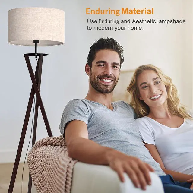 Alt view image 5 of 7 - LEPOWER Tripod Floor Lamp, Mid Century Wood Floor Lamps for Living Room, Bedroom and Office, Flaxen Lamp Shade with E26 Lamp Base