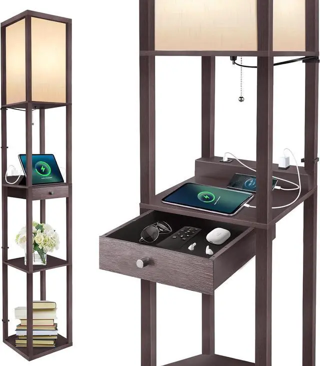 Main image of OUTON Deluxe Shelf Floor Lamp with 1 Drawer, 2 USB-C Ports, 2 AC Outlets, LED Modern Floor Lamp with 3 Color Temperature, Storage Display Wood Standing Lamp for Living Room, Bedroom, Office (Walnut)