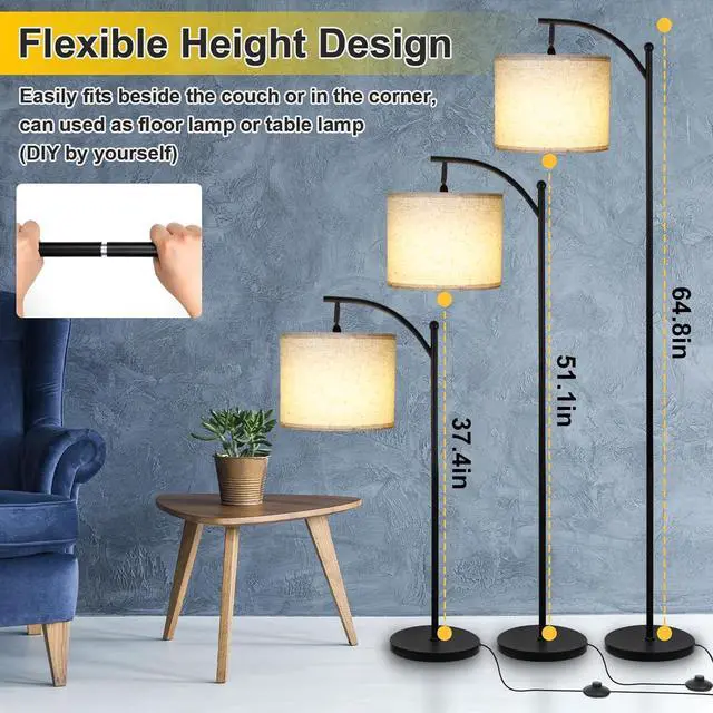 Alt view image 3 of 7 - Modern Floor Lamp, 3-Ways Dimmable Standing Lamp with Linen Shade, Adjustable Height, Foot-Step Switch, Reading Lamp for Living Room, Bedroom, Office, 9W Bulb Included (Black)