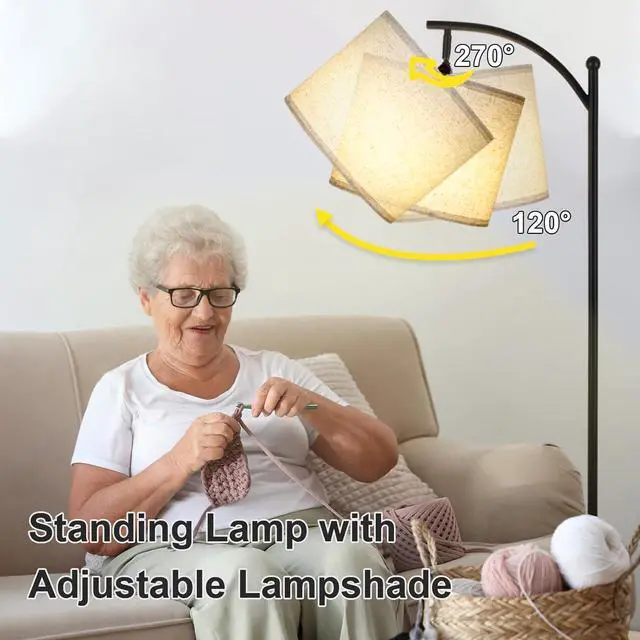 Alt view image 4 of 7 - Modern Floor Lamp, 3-Ways Dimmable Standing Lamp with Linen Shade, Adjustable Height, Foot-Step Switch, Reading Lamp for Living Room, Bedroom, Office, 9W Bulb Included (Black)