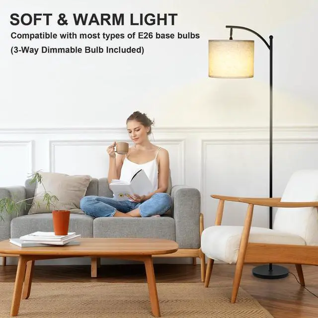 Alt view image 5 of 7 - Modern Floor Lamp, 3-Ways Dimmable Standing Lamp with Linen Shade, Adjustable Height, Foot-Step Switch, Reading Lamp for Living Room, Bedroom, Office, 9W Bulb Included (Black)