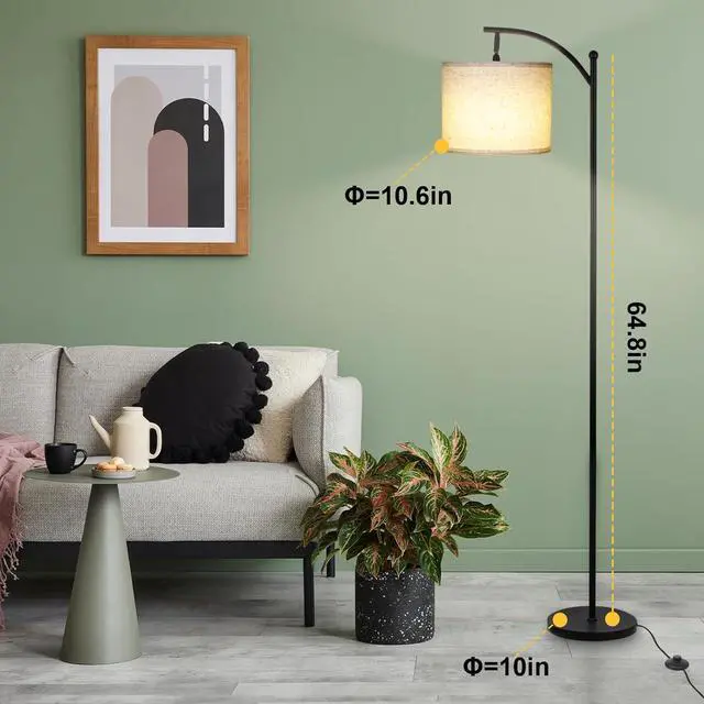 Alt view image 6 of 7 - Modern Floor Lamp, 3-Ways Dimmable Standing Lamp with Linen Shade, Adjustable Height, Foot-Step Switch, Reading Lamp for Living Room, Bedroom, Office, 9W Bulb Included (Black)
