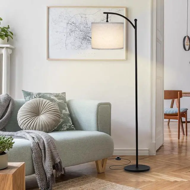 Alt view image 7 of 7 - Modern Floor Lamp, 3-Ways Dimmable Standing Lamp with Linen Shade, Adjustable Height, Foot-Step Switch, Reading Lamp for Living Room, Bedroom, Office, 9W Bulb Included (Black)