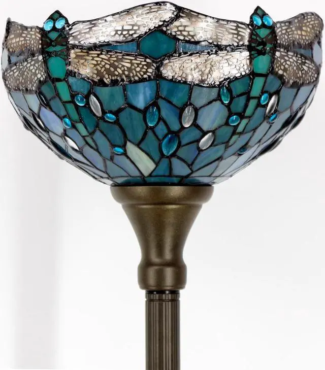 Alt view image 3 of 7 - WERFACTORY Tiffany Floor Lamp Sea Blue Stained Glass Dragonfly Light 12X12X66 Inches Pole Torchiere Standing Corner Torch Uplight Decor Bedroom Living Room Home Office S147 Series