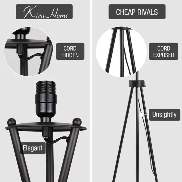 Alt view image 3 of 7 - Kira Home Sadie 60" Modern Tripod LED Floor Lamp + 9W Bulb (Energy Efficient/Eco-Friendly), Honey Beige Drum Shade, Oil Rubbed Bronze Finish