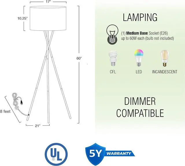 Alt view image 6 of 7 - Kira Home Sadie 60" Modern Tripod LED Floor Lamp + 9W Bulb (Energy Efficient/Eco-Friendly), Honey Beige Drum Shade, Oil Rubbed Bronze Finish