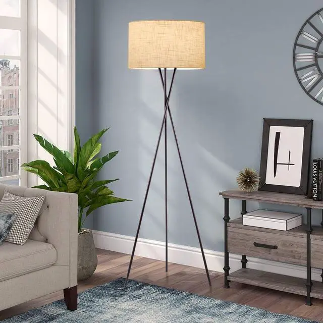 Alt view image 7 of 7 - Kira Home Sadie 60" Modern Tripod LED Floor Lamp + 9W Bulb (Energy Efficient/Eco-Friendly), Honey Beige Drum Shade, Oil Rubbed Bronze Finish