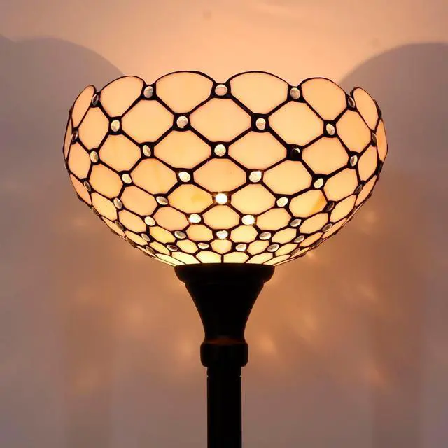 Alt view image 3 of 7 - WERFACTORY Tiffany Floor Lamp Cream Amber Stained Glass Bead Light 12X12X66 Inches Pole Torchiere Standing Corner Torch Uplight Decor Bedroom Living Room Home Office (LED Bulb Included) S005 Series