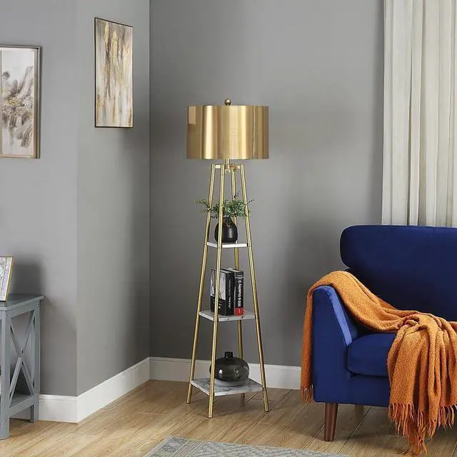 Main image of Floor Lamp, Standing Reading Light with Shelves and Gold Shade, Modern Tall Pole Lamp, Accent Furniture Décor Lighting for Living Room, Bedrooms