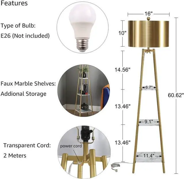 Alt view image 3 of 6 - Floor Lamp, Standing Reading Light with Shelves and Gold Shade, Modern Tall Pole Lamp, Accent Furniture Décor Lighting for Living Room, Bedrooms