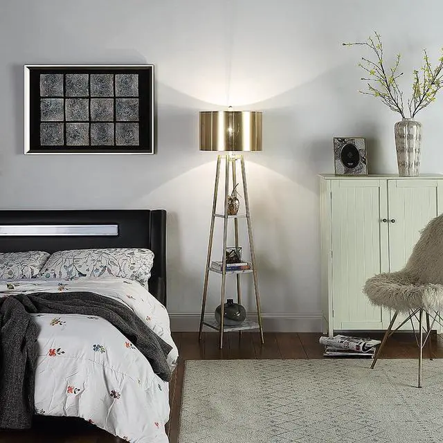 Alt view image 2 of 6 - Floor Lamp, Standing Reading Light with Shelves and Gold Shade, Modern Tall Pole Lamp, Accent Furniture Décor Lighting for Living Room, Bedrooms