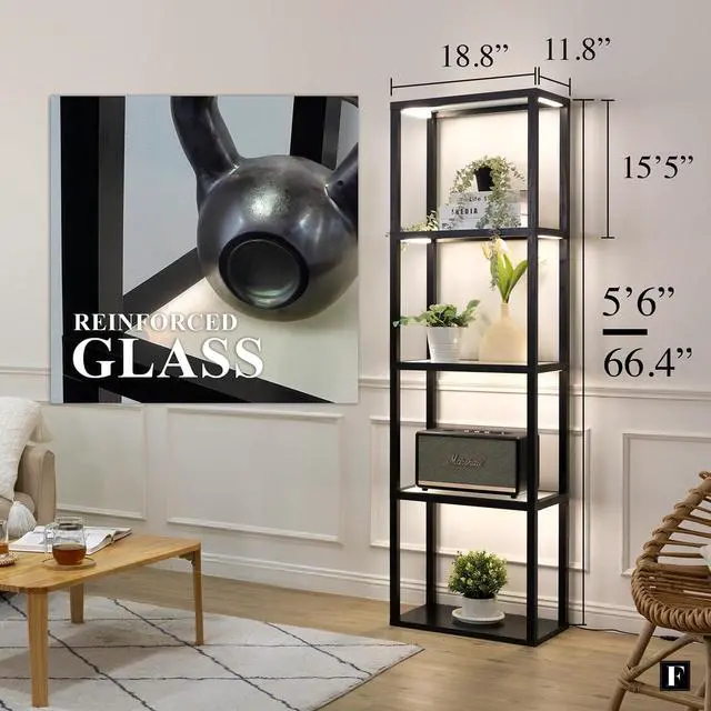 Alt view image 2 of 7 - LED Display Shelf with Lights  Glass Display Cabinet for Collectibles with Dimmable Lighting, App & Remote Control  66 Curio Shelf Floor Lamp with Adjustable Color Temps  FENLO Fantasy Plus Pro