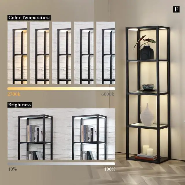 Alt view image 3 of 7 - LED Display Shelf with Lights  Glass Display Cabinet for Collectibles with Dimmable Lighting, App & Remote Control  66 Curio Shelf Floor Lamp with Adjustable Color Temps  FENLO Fantasy Plus Pro