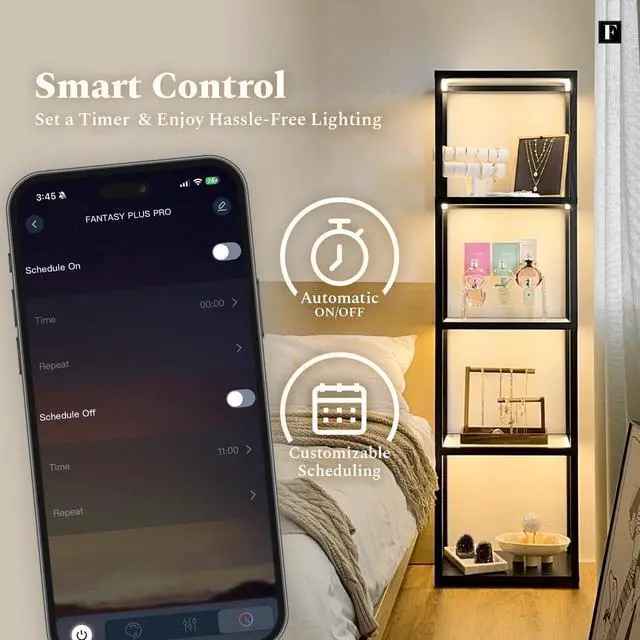 Alt view image 4 of 7 - LED Display Shelf with Lights  Glass Display Cabinet for Collectibles with Dimmable Lighting, App & Remote Control  66 Curio Shelf Floor Lamp with Adjustable Color Temps  FENLO Fantasy Plus Pro