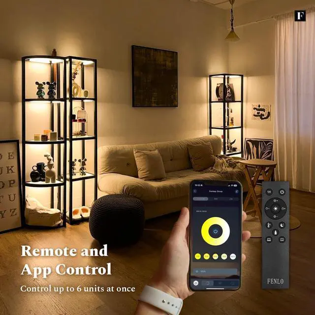 Alt view image 6 of 7 - LED Display Shelf with Lights  Glass Display Cabinet for Collectibles with Dimmable Lighting, App & Remote Control  66 Curio Shelf Floor Lamp with Adjustable Color Temps  FENLO Fantasy Plus Pro