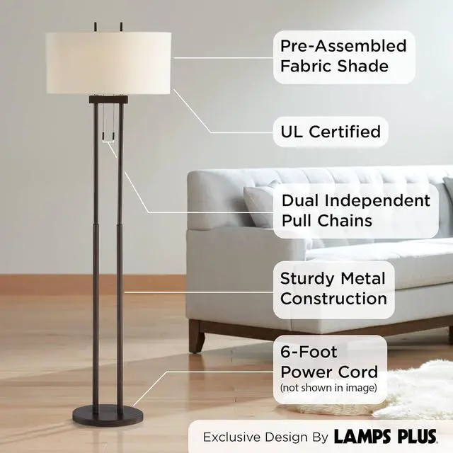 Alt view image 3 of 7 - Franklin Iron Works Roscoe Modern Standing Floor Lamp 62" Tall Oil Rubbed Bronze Brown Twin Poles White Fabric Hardback Oval Shade Decor for Living Room Reading House Bedroom Office