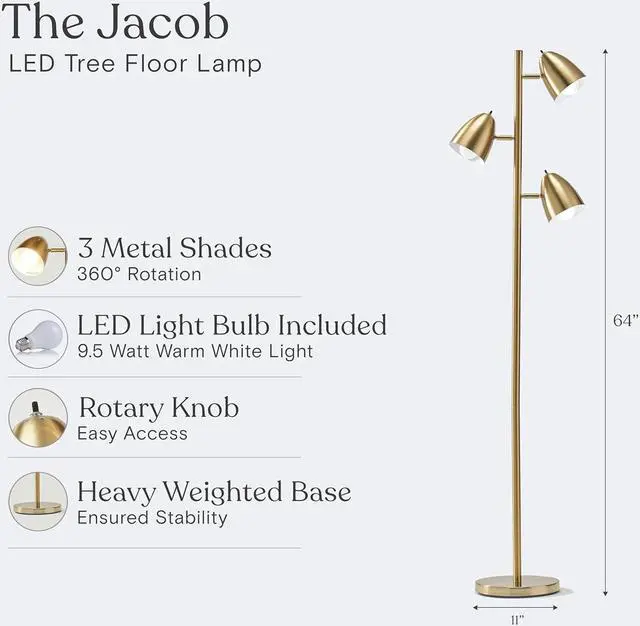 Alt view image 6 of 7 - Brightech Jacob LED Standing Lamp, Modern Bright Floor Lamps for Living Rooms & Bedrooms, Tall LED Lighting Lamp with Adjustable 3 Light Tree  Antique Brass/Gold