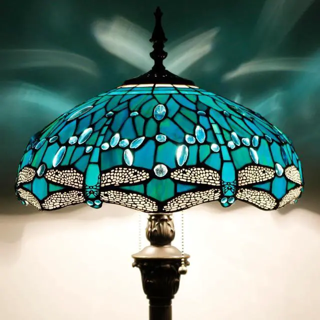 Alt view image 2 of 7 - WERFACTORY Tiffany Floor Lamp Dragonfly Green Stained Glass Standing Reading Light 16X16X64 Inches Antique Pole Corner Lamp Decor Bedroom Living Room Home Office S622 Series