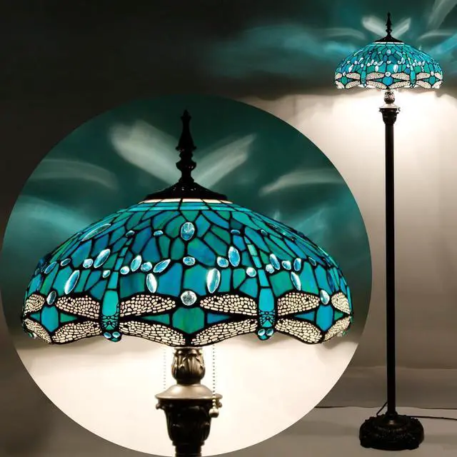 Alt view image 3 of 7 - WERFACTORY Tiffany Floor Lamp Dragonfly Green Stained Glass Standing Reading Light 16X16X64 Inches Antique Pole Corner Lamp Decor Bedroom Living Room Home Office S622 Series