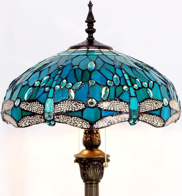 Alt view image 4 of 7 - WERFACTORY Tiffany Floor Lamp Dragonfly Green Stained Glass Standing Reading Light 16X16X64 Inches Antique Pole Corner Lamp Decor Bedroom Living Room Home Office S622 Series