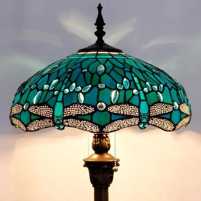 Alt view image 5 of 7 - WERFACTORY Tiffany Floor Lamp Dragonfly Green Stained Glass Standing Reading Light 16X16X64 Inches Antique Pole Corner Lamp Decor Bedroom Living Room Home Office S622 Series