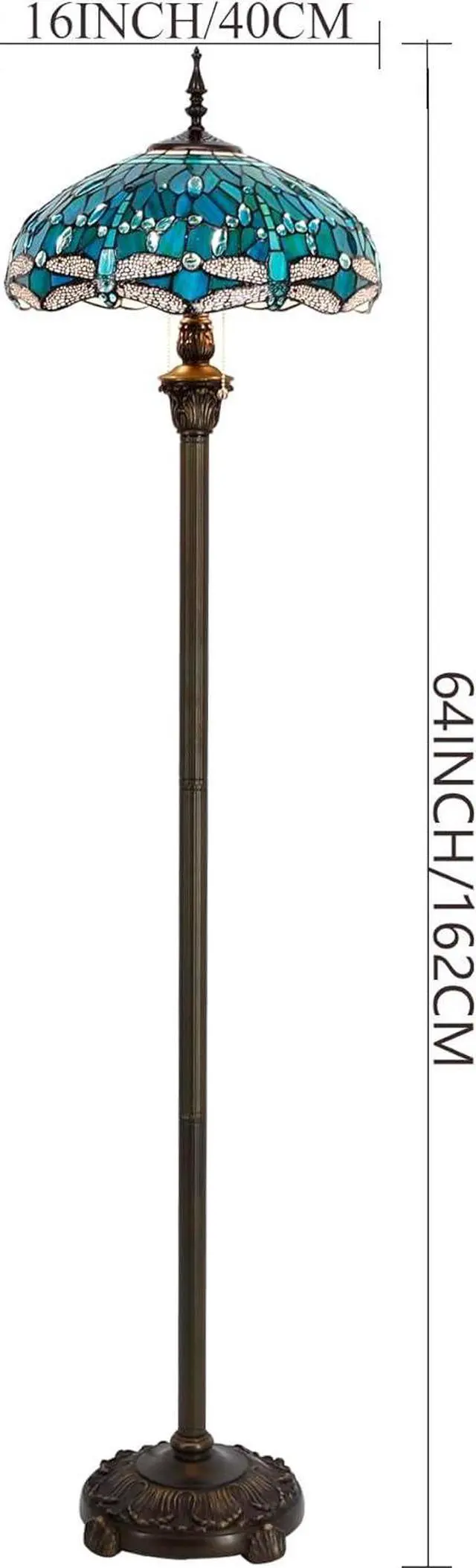Alt view image 6 of 7 - WERFACTORY Tiffany Floor Lamp Dragonfly Green Stained Glass Standing Reading Light 16X16X64 Inches Antique Pole Corner Lamp Decor Bedroom Living Room Home Office S622 Series