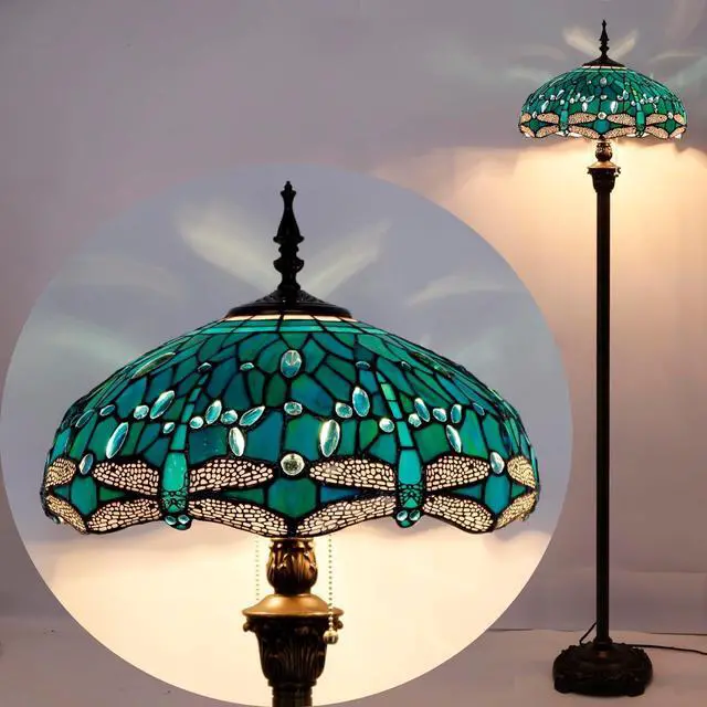 Alt view image 7 of 7 - WERFACTORY Tiffany Floor Lamp Dragonfly Green Stained Glass Standing Reading Light 16X16X64 Inches Antique Pole Corner Lamp Decor Bedroom Living Room Home Office S622 Series
