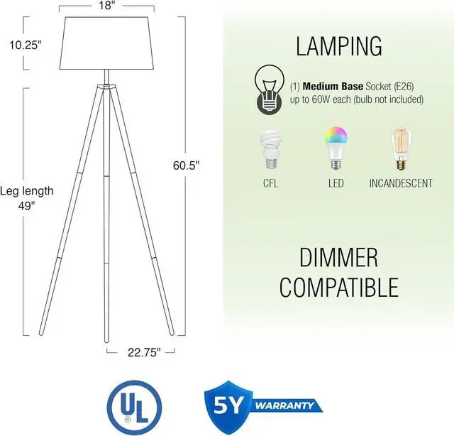 Alt view image 4 of 7 - Kira Home Grace 60.5" Mid Century Modern Tripod LED Floor Lamp + Energy Efficient 9W Bulb, Wooden Tripod Legs + White Shade