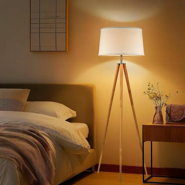 Alt view image 6 of 7 - Kira Home Grace 60.5" Mid Century Modern Tripod LED Floor Lamp + Energy Efficient 9W Bulb, Wooden Tripod Legs + White Shade