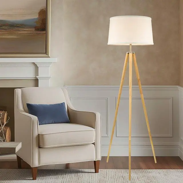 Alt view image 5 of 7 - Kira Home Grace 60.5" Mid Century Modern Tripod LED Floor Lamp + Energy Efficient 9W Bulb, Wooden Tripod Legs + White Shade