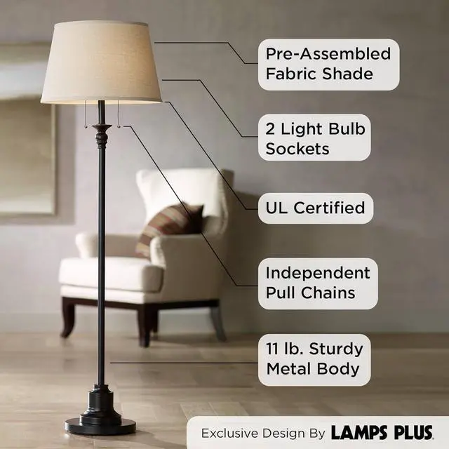 Alt view image 3 of 7 - 360 Lighting Spenser Traditional Floor Lamp Standing Exquisite 58" Tall Oiled Bronze Brown Metal Thin Column Off-White Linen Fabric Empire Shade for Living Room Reading House Bedroom Home